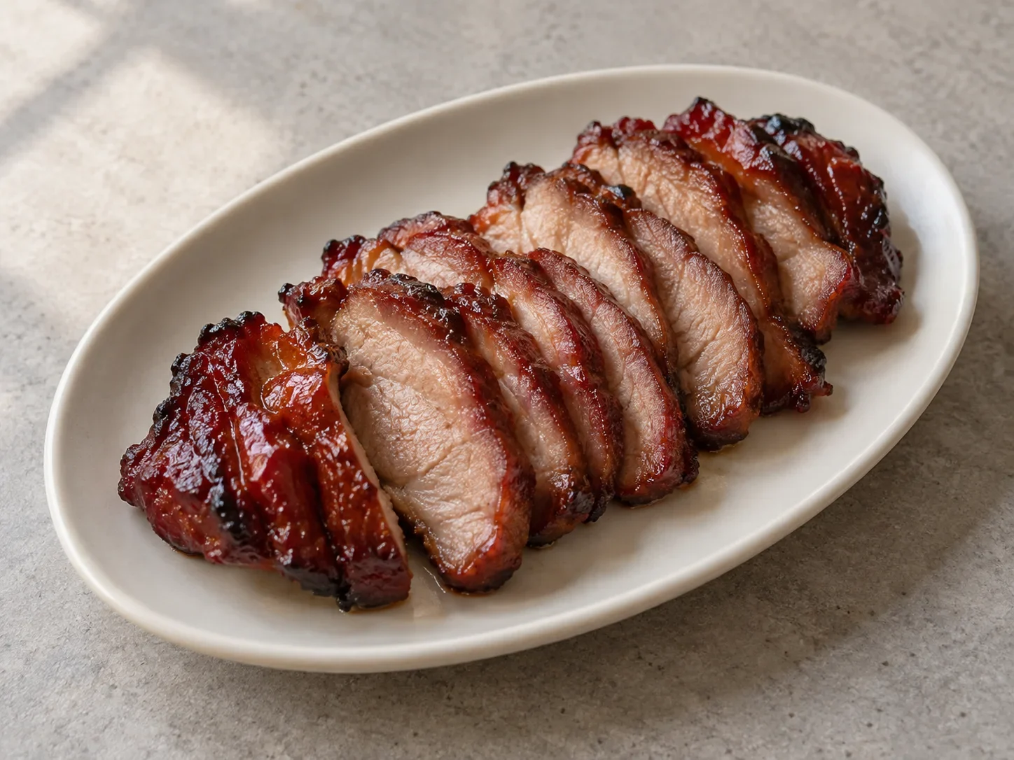Generated guide illustration: Sliced roast pork, restrained red-brown exterior and visible cooked lean meat. Not a restaurant photograph.