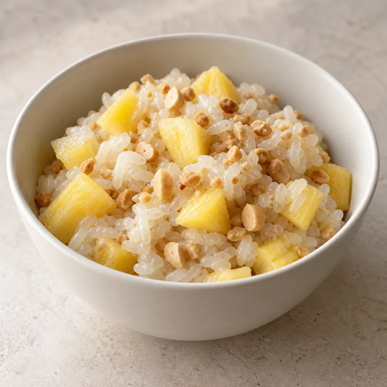Generated guide illustration of pineapple sticky rice, not a restaurant photograph.
