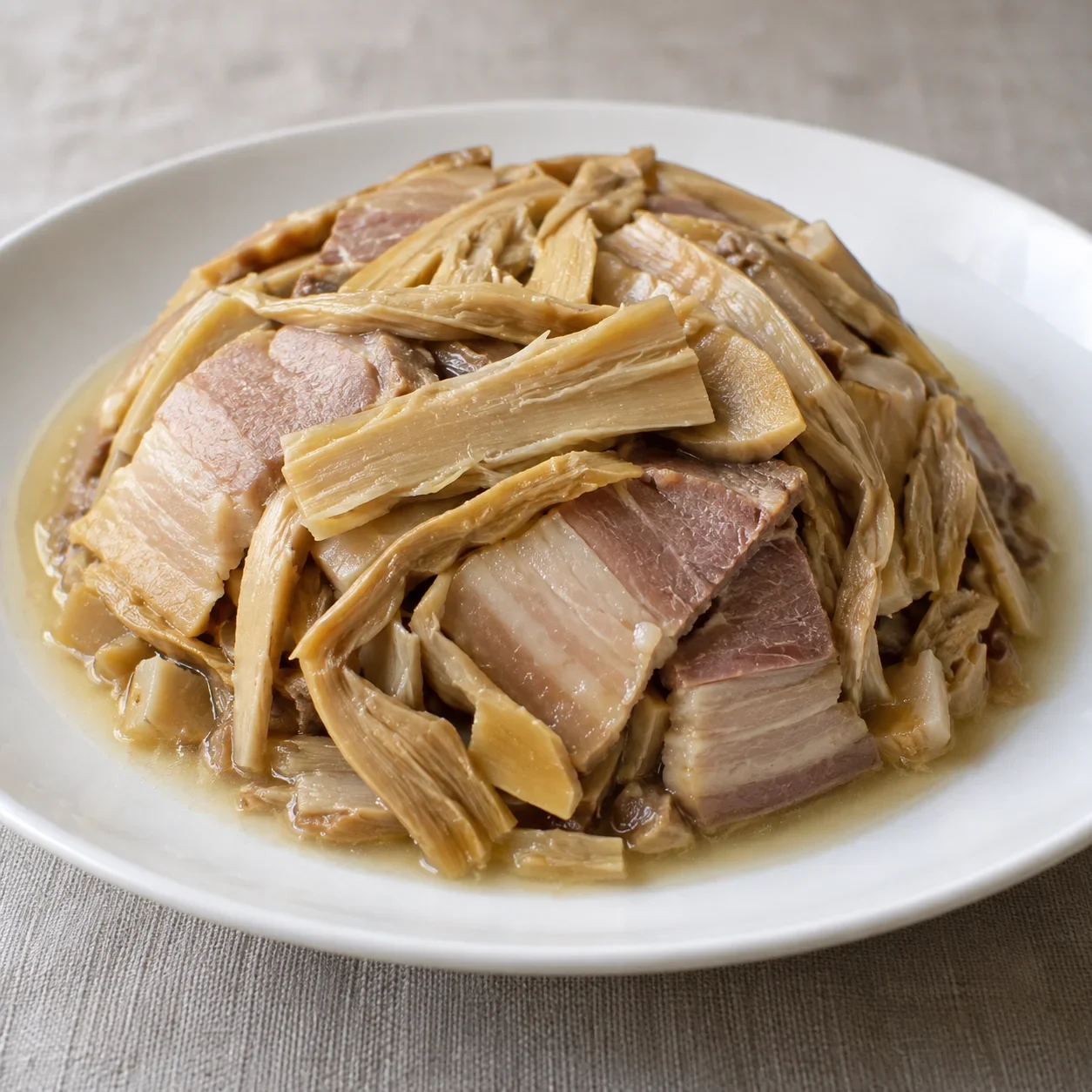 AI-generated editorial illustration of Salted pork with rehydrated bamboo shoots.