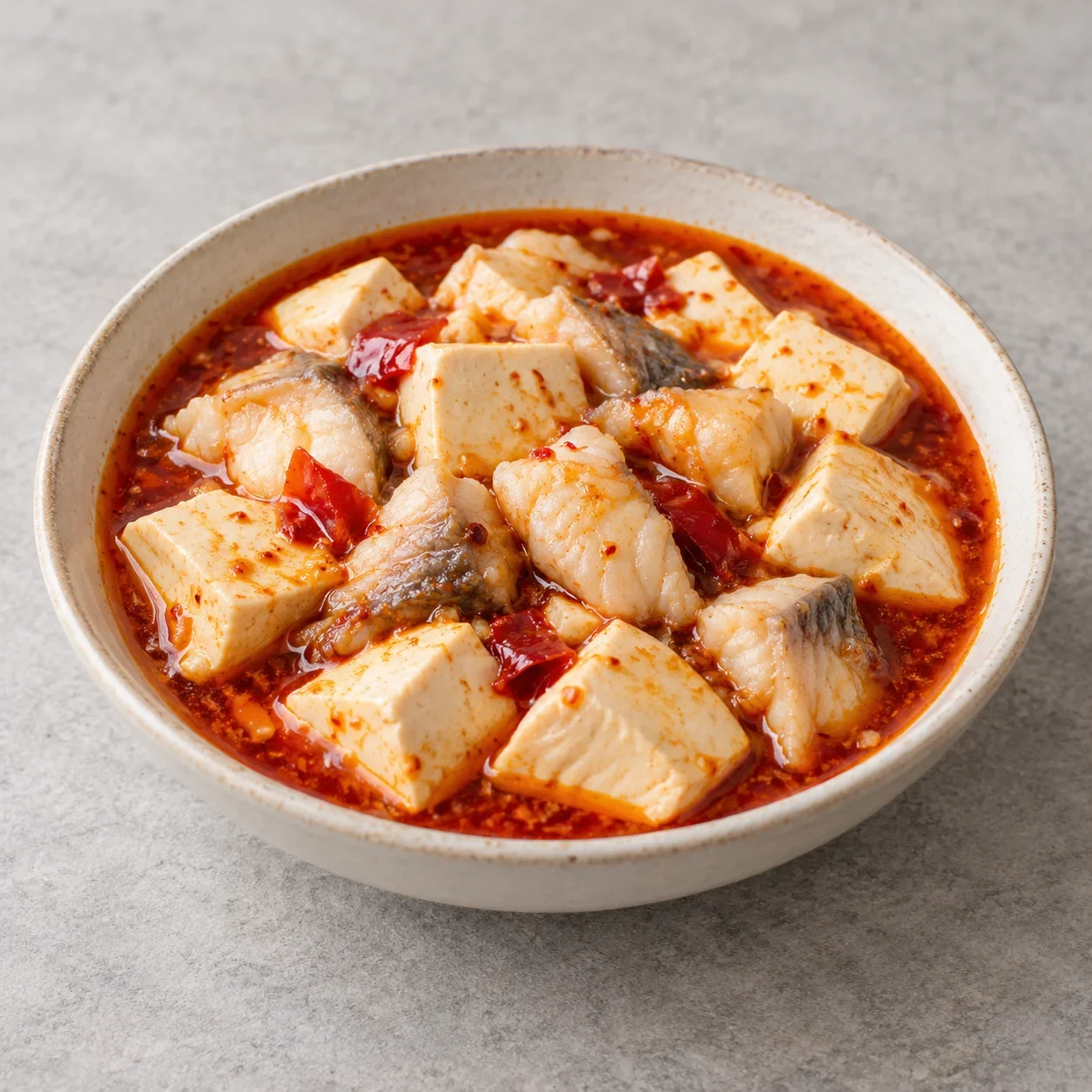 Illustration of cooked fish pieces and white tofu cubes in red chili broth.