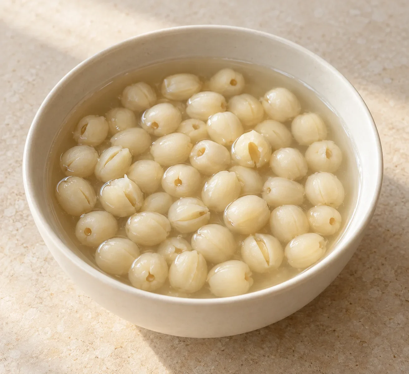 Generated guide illustration of rock sugar lotus seeds; not a restaurant photograph.