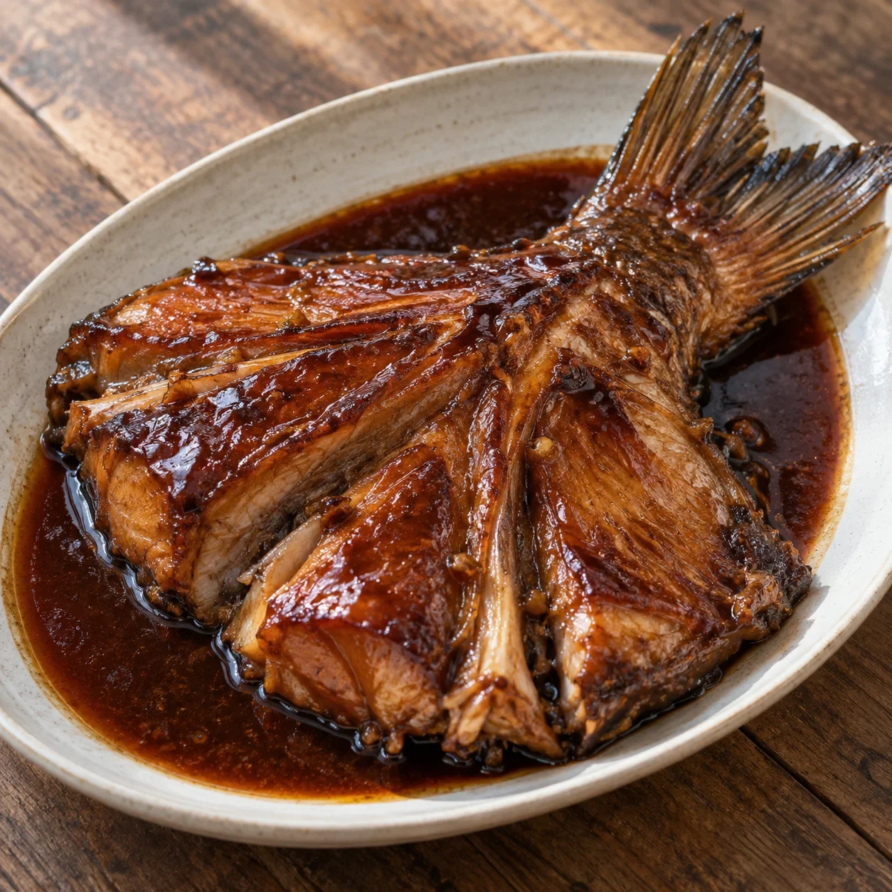 AI-generated editorial illustration of Fish tail braised in sweet soy sauce.