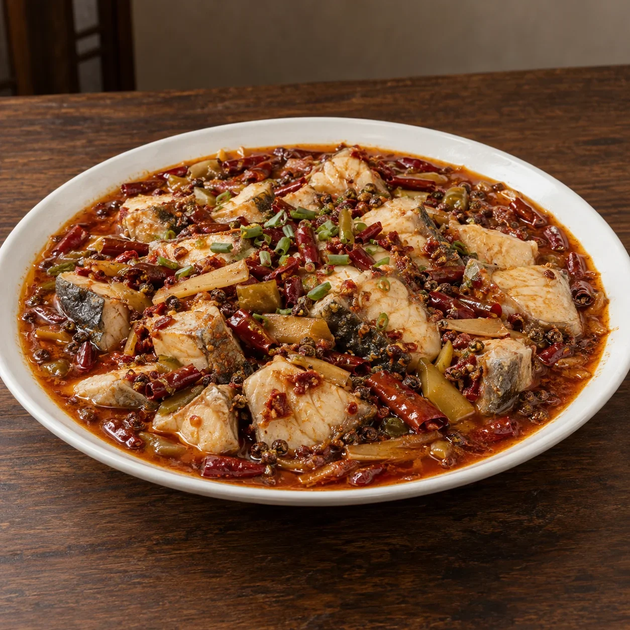 Illustration of cooked Laifeng fish chunks in red chili sauce with pickled ginger, chili and scallion.