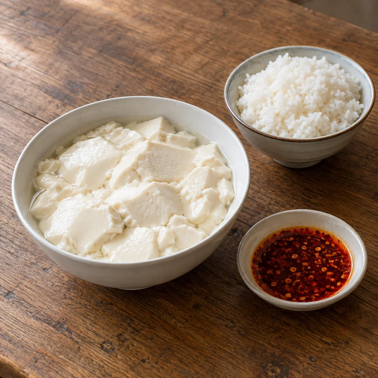 Warm soybean curds with a separate bowl of white rice and chili-oil dip.