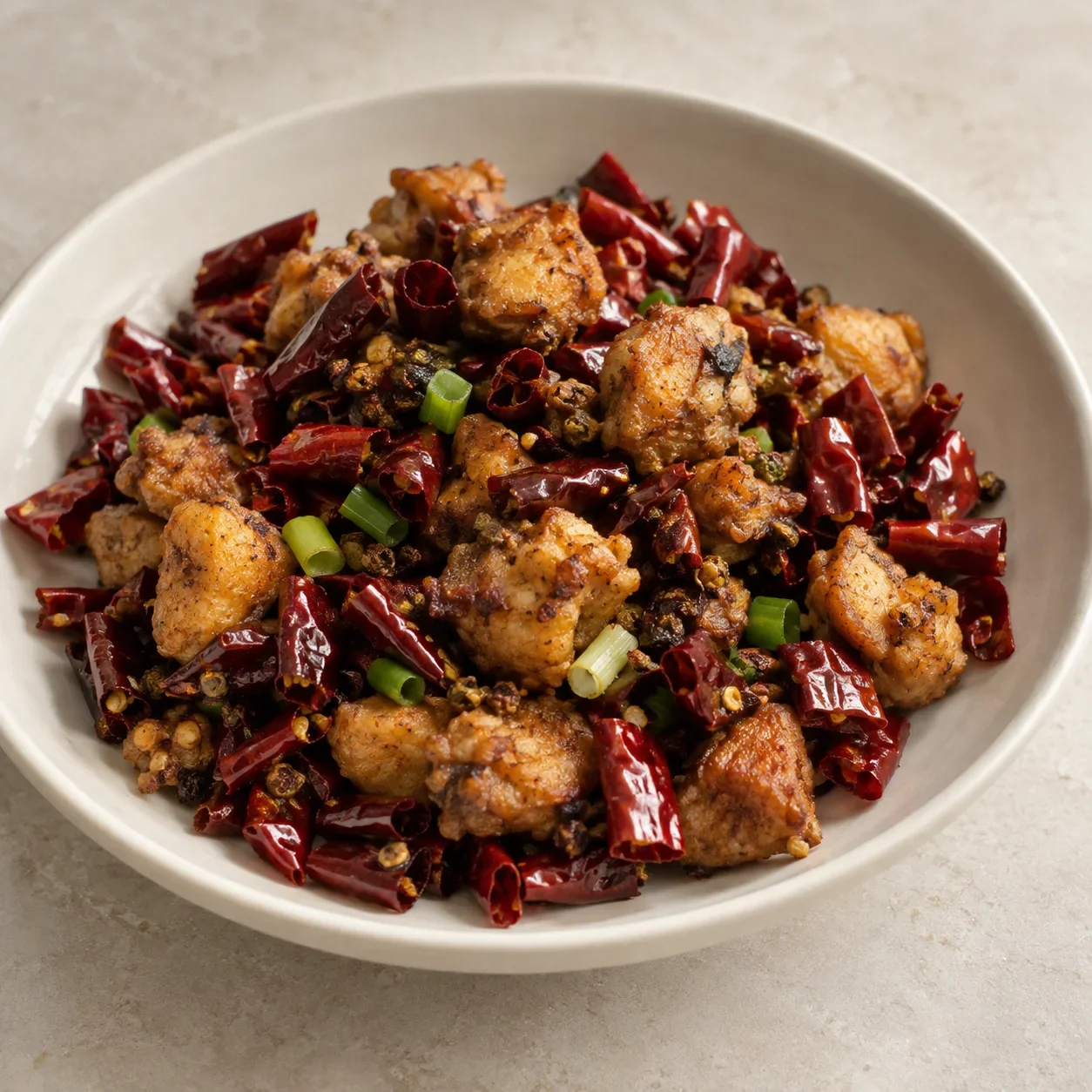Generated guide illustration of gele mountain chili chicken, not a restaurant photograph.