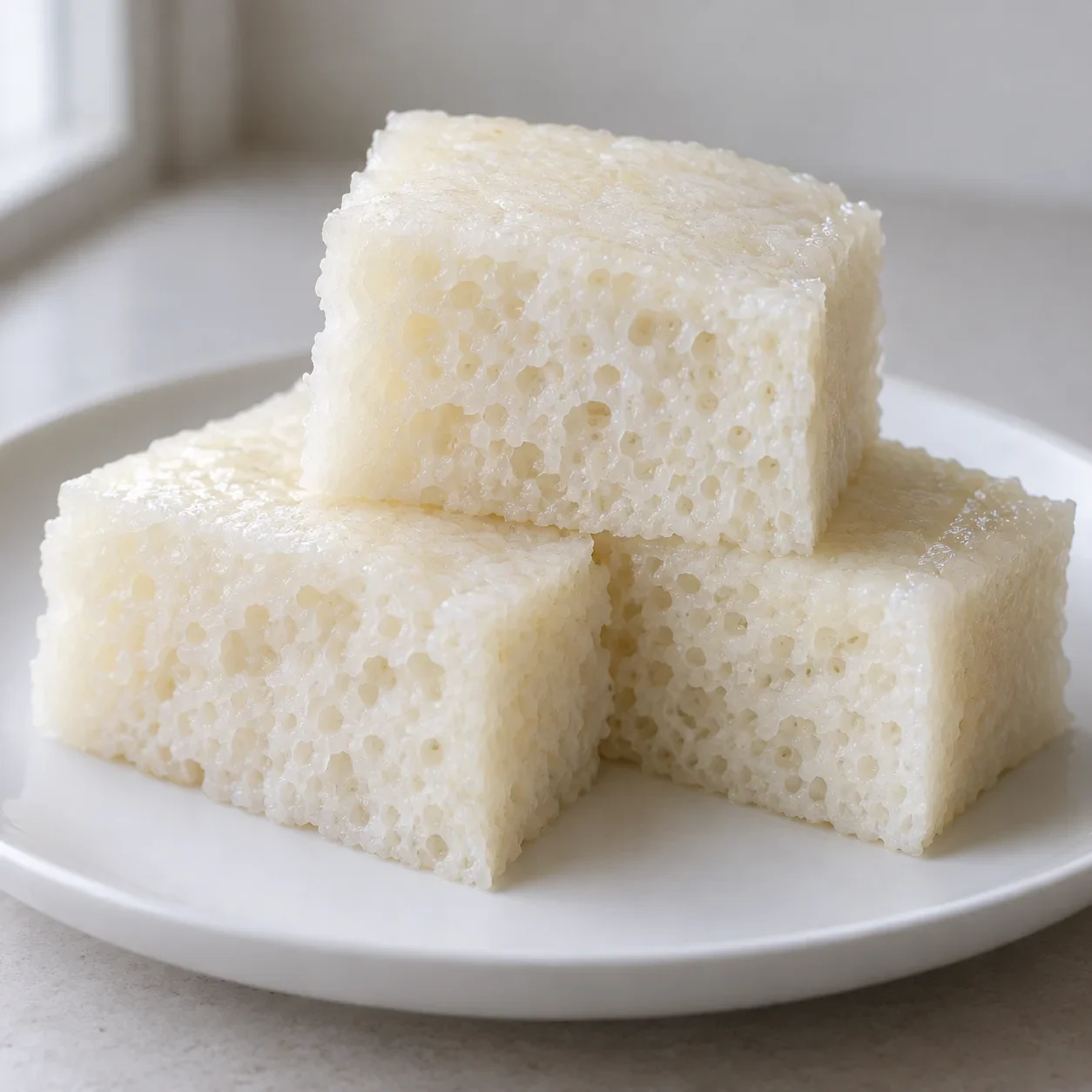 AI-generated editorial illustration of Lunjiao rice cake.