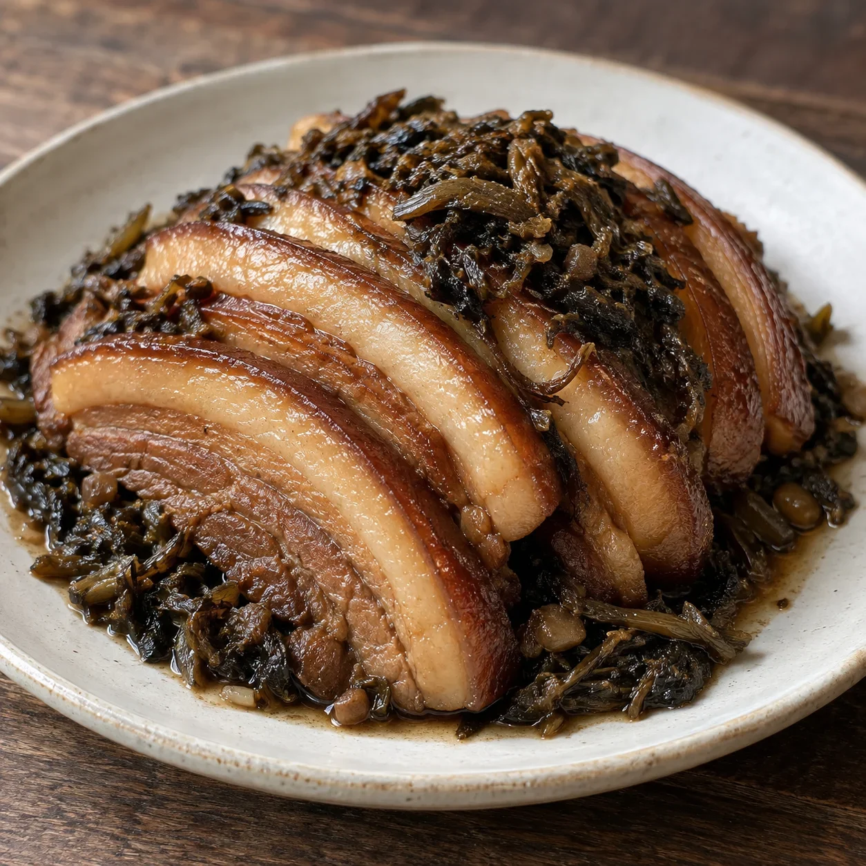 AI-generated editorial illustration of Hakka preserved-vegetable pork belly.