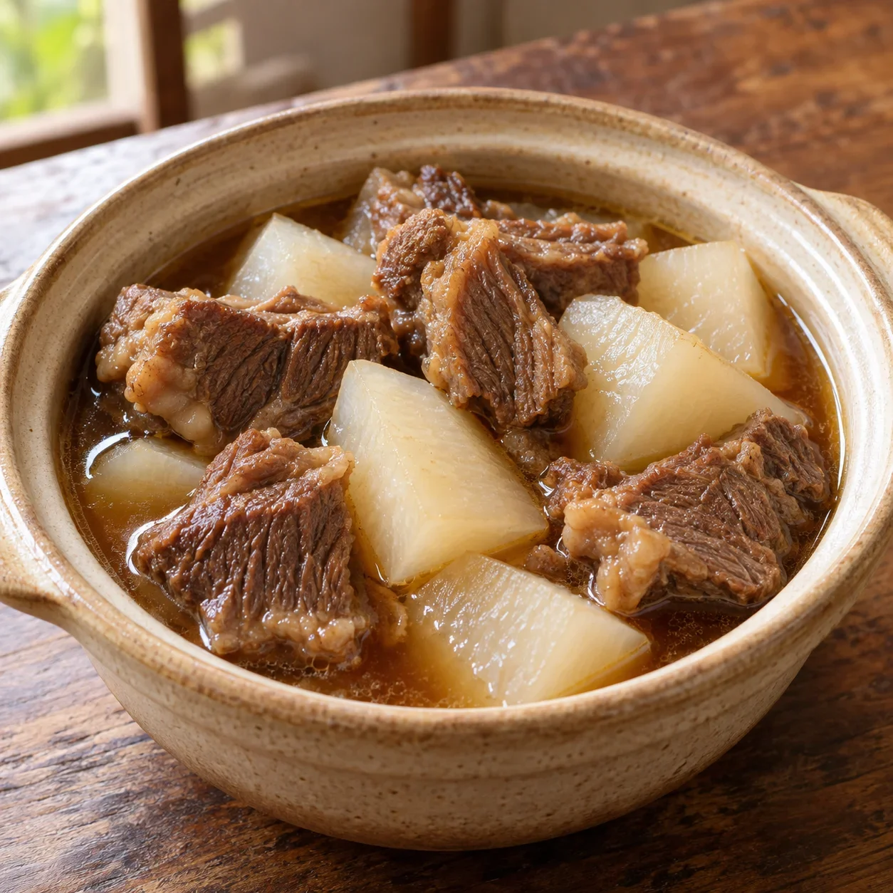 AI-generated editorial illustration of Cantonese beef and radish stew.