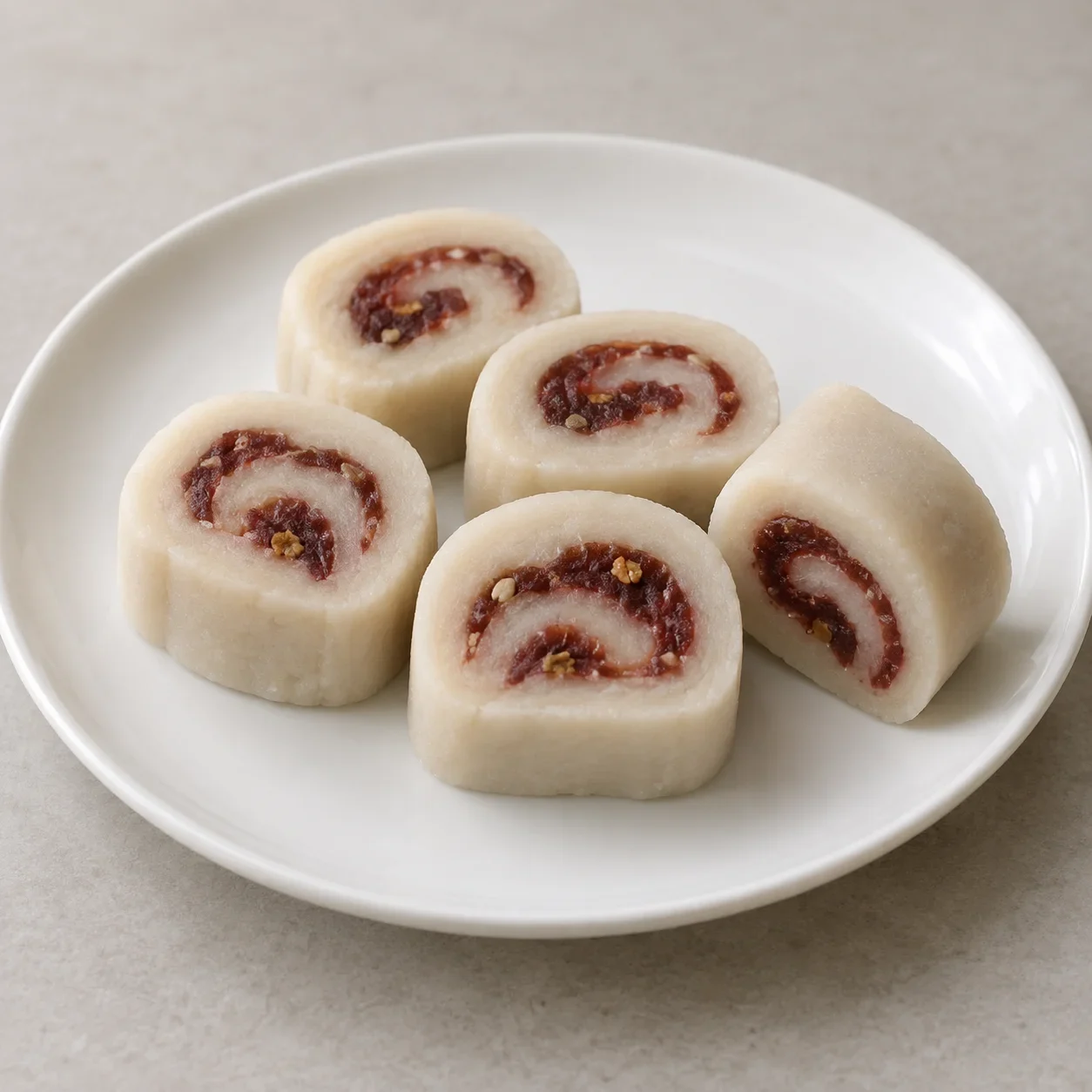 Illustration of Beijing white kidney-bean rolls with a sweet spiral filling.