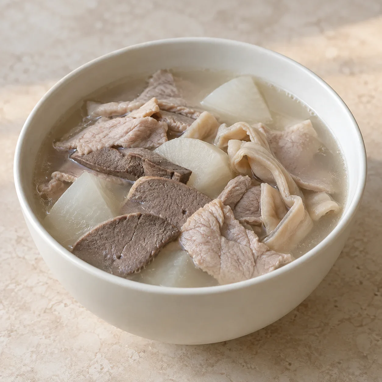 Generated guide illustration of hechuan paozhu soup, not a restaurant photograph.