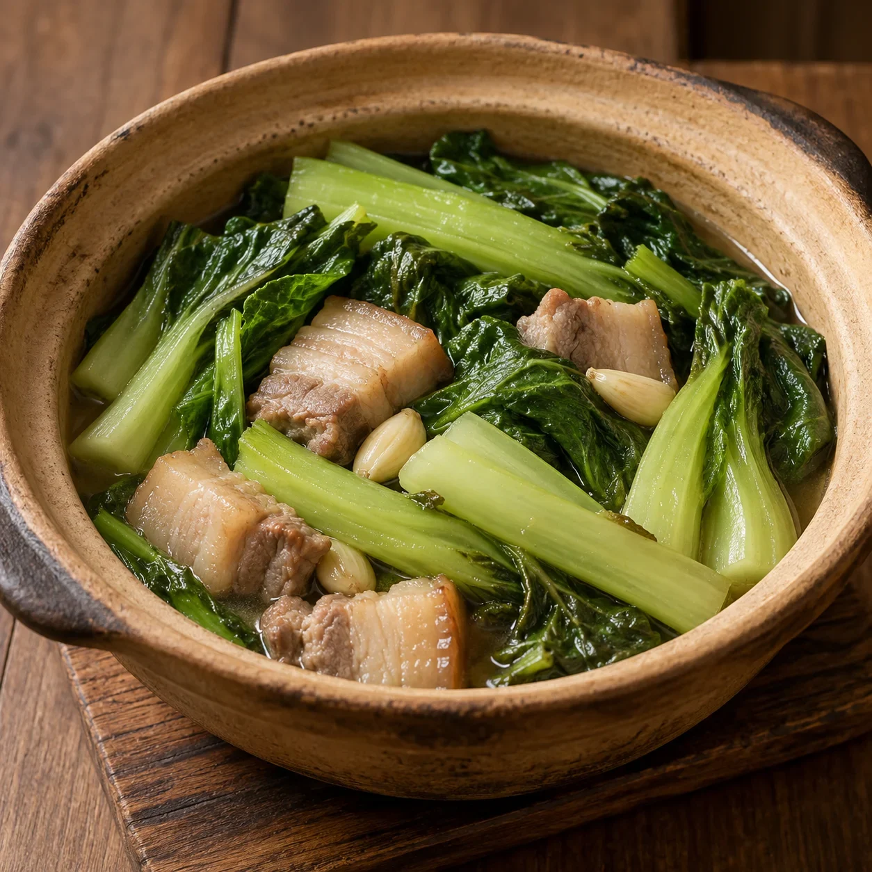 AI-generated editorial illustration of Chaoshan mustard greens clay pot.