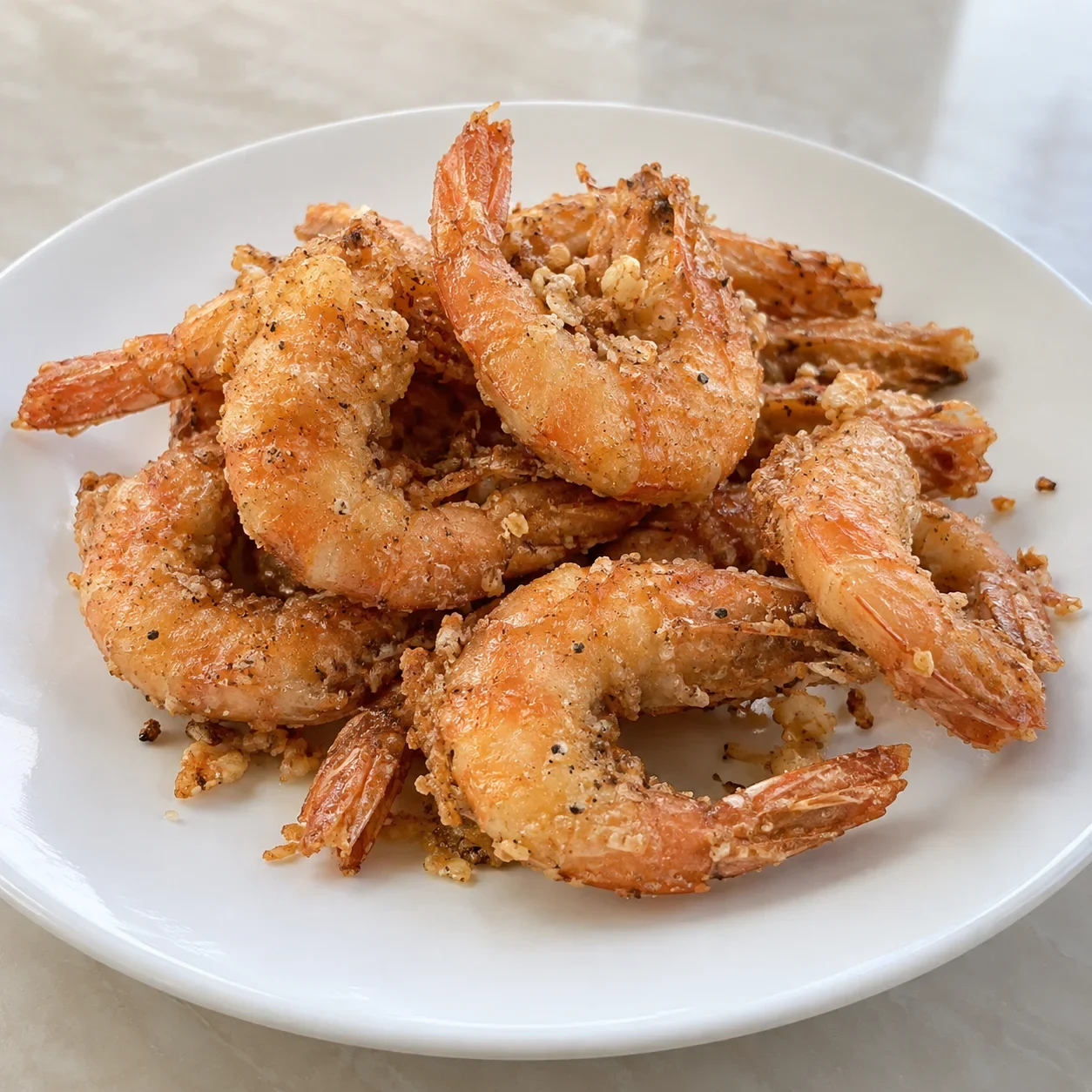 AI-generated editorial illustration of Salt-and-pepper shrimp.