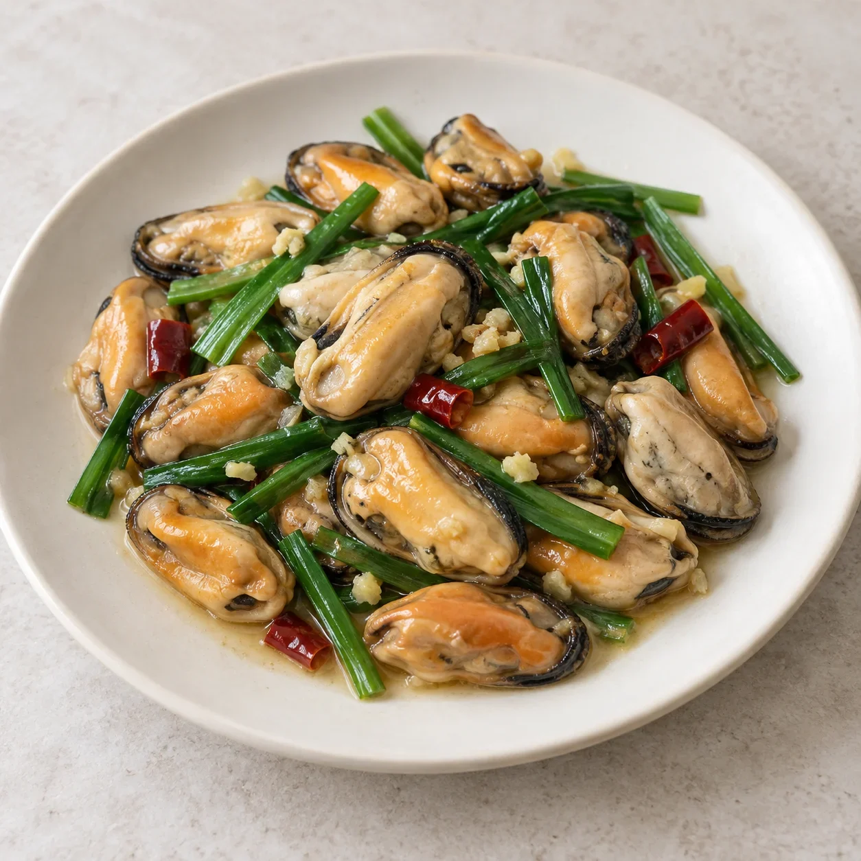 Generated guide illustration: Qingdao chive stir-fried mussels.