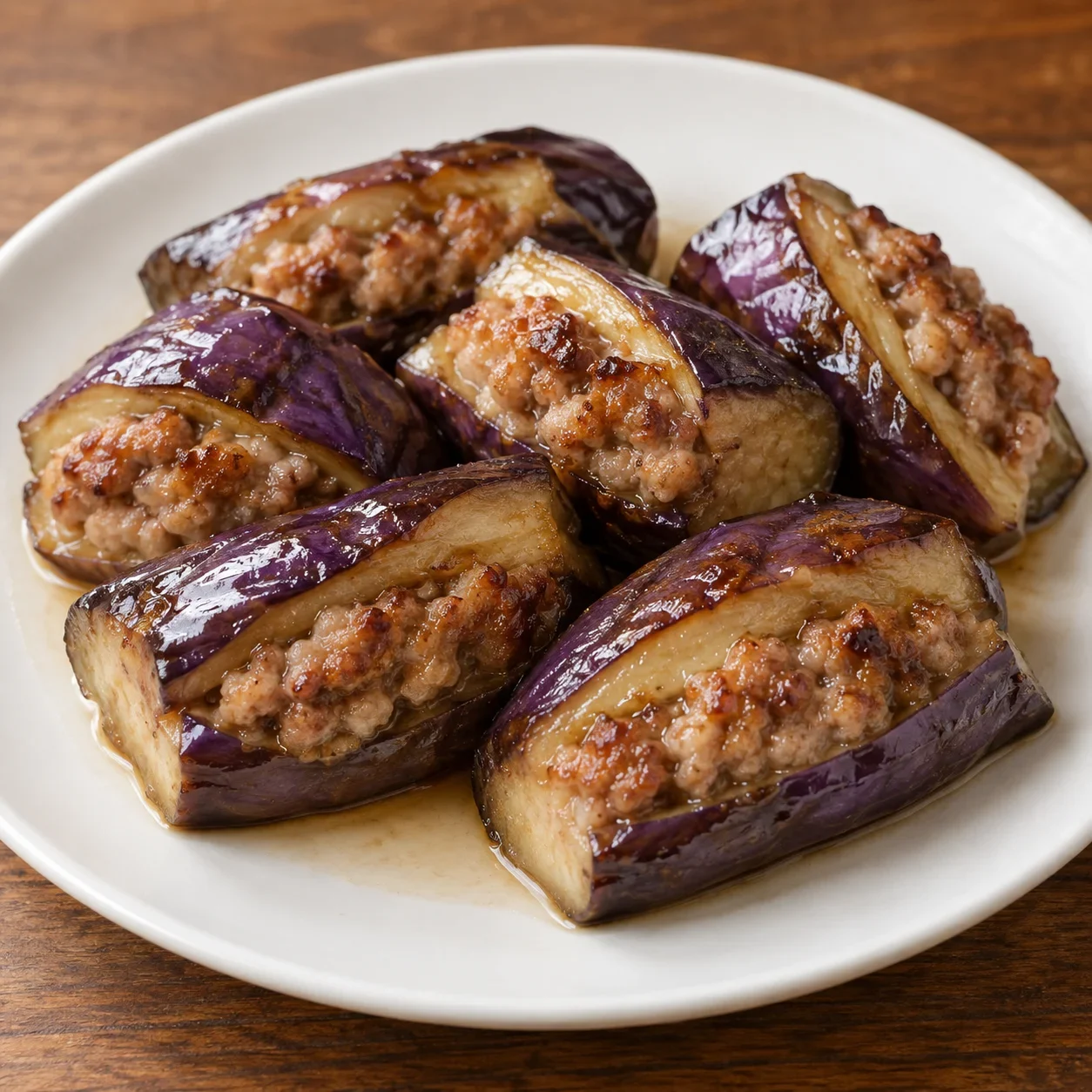 AI-generated editorial illustration of Hakka stuffed eggplant.