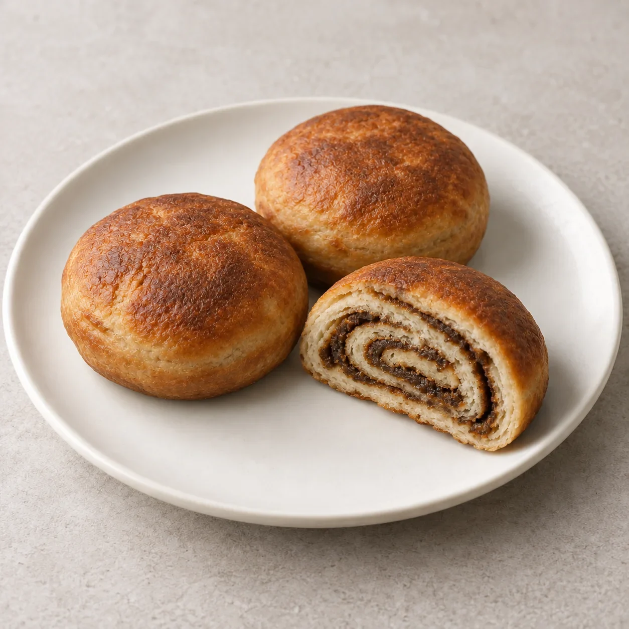 Illustration of tanghuoshao pastries, one cut open to show sesame and brown-sugar layers.